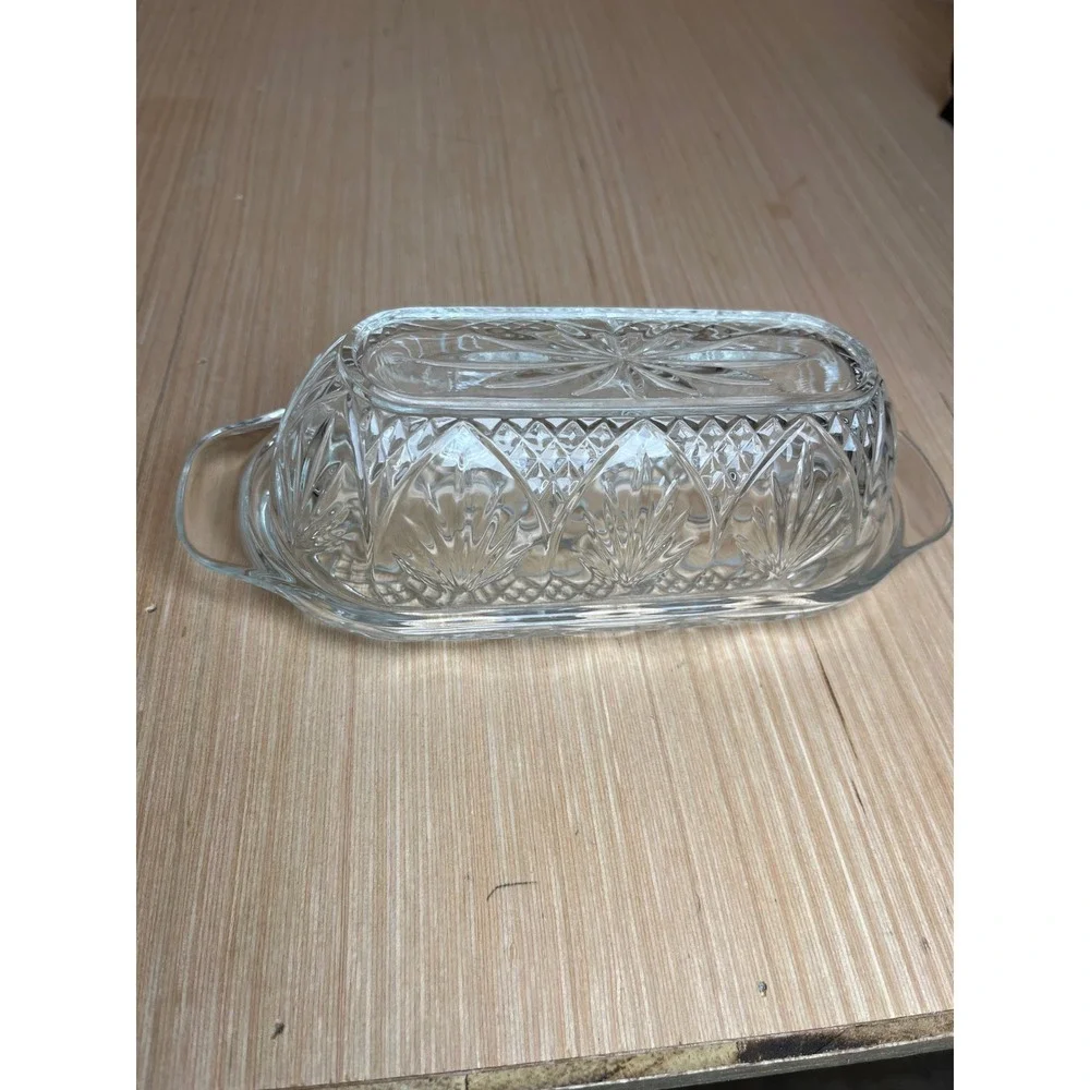Vintage Clear Pressed Glass Butter Dish w/Lid Starburst Diamond Pattern USA MCM